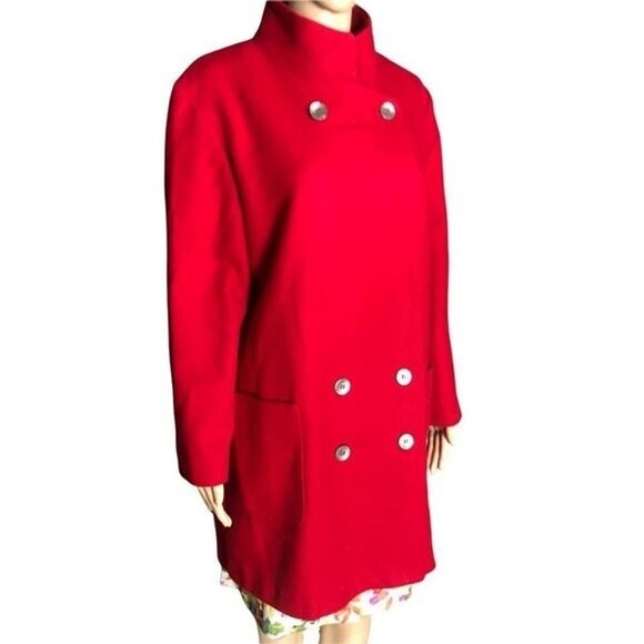 Vintage 80s Red Wool Mod Pea Mock Neck Mother of Pearl Button Beau Brem Coat USA - Picture 6 of 11